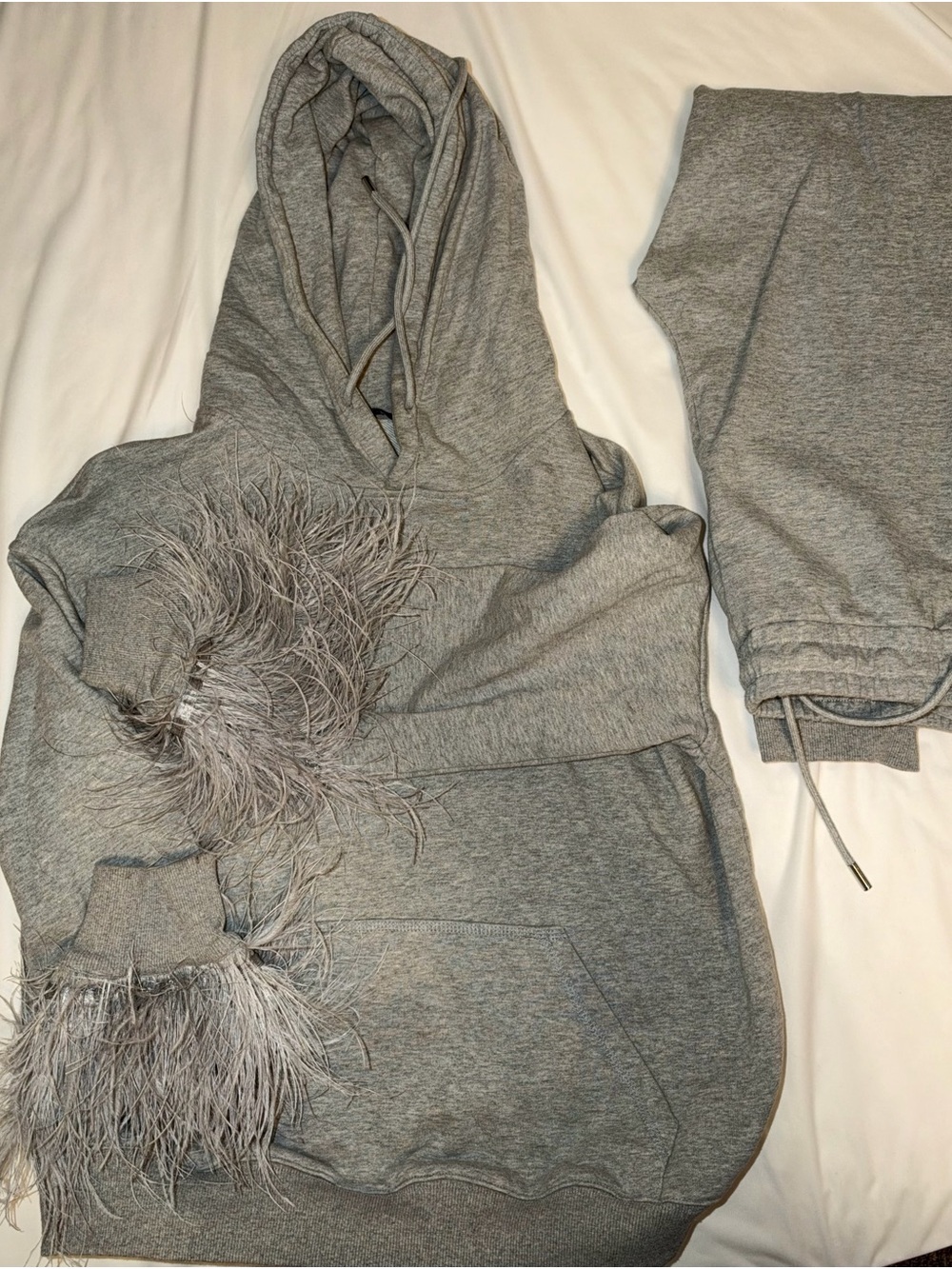Gray Feather-Trim Hooded Sweatshirt for Women